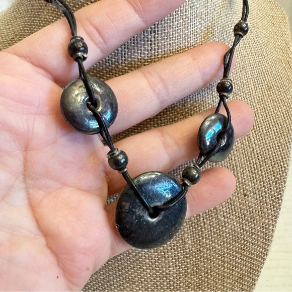 Sterling Silver Round Puffer Circle Discs Leather Cord Necklace Made in Italy - Picture 7 of 16